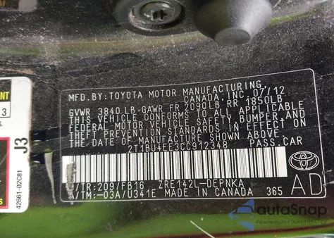 2012 Toyota Corolla Le from USA, damaged, VIN 2T1BU4EE3CC912348